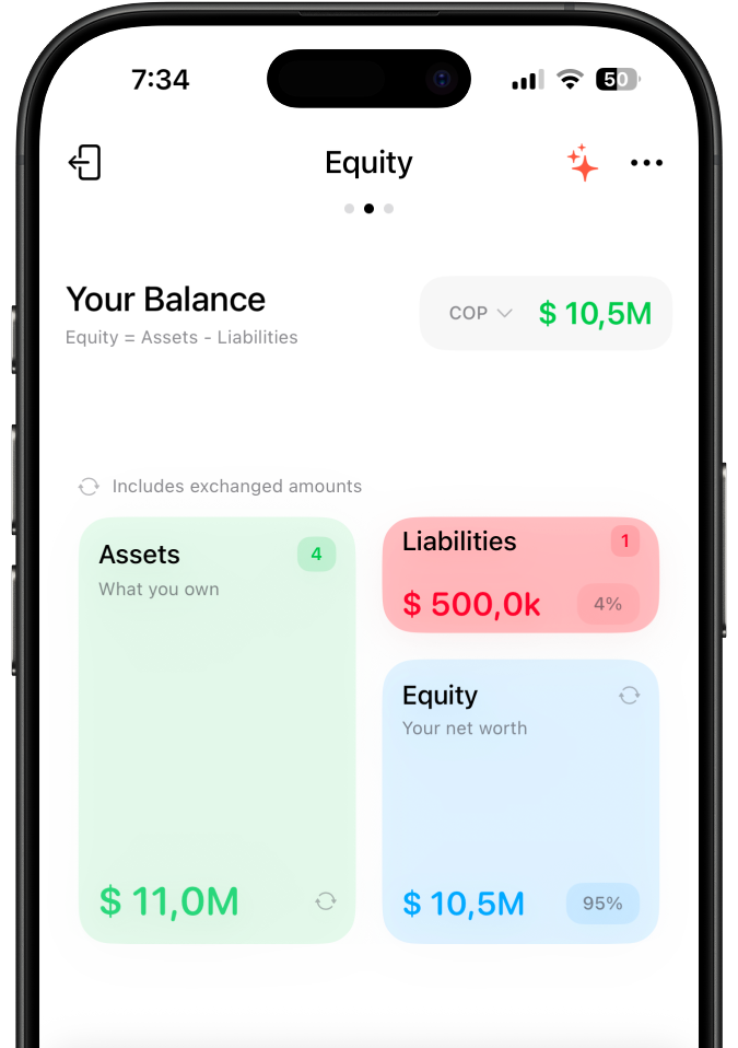 Equity dashboard with assets, liabilities and net worth